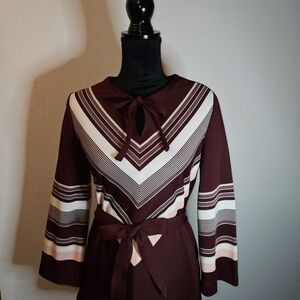 Burgundy and white striped tie neck blouse with bell sleeves Size M/L